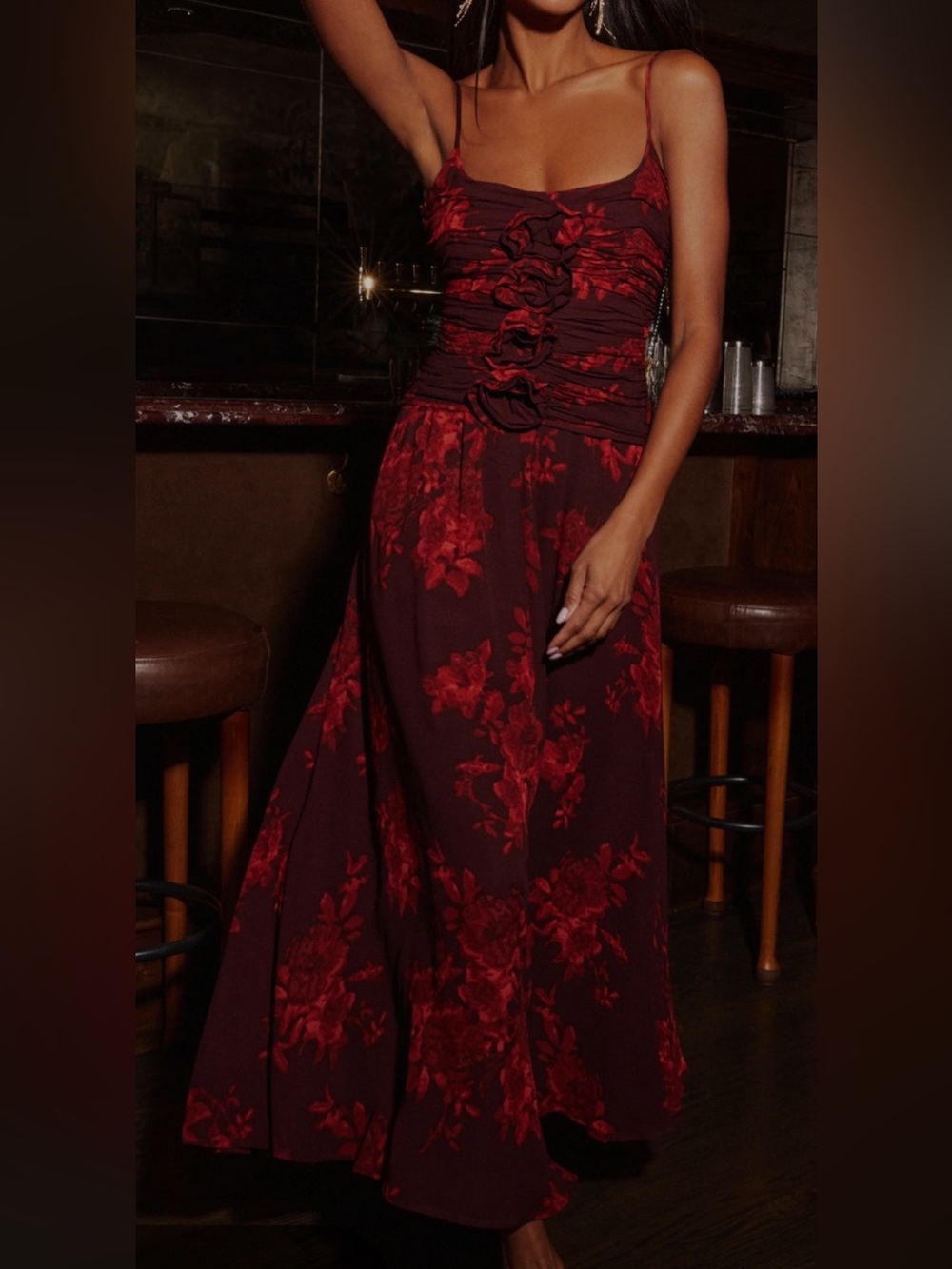 Few Moda Corinne dress - Crimson Floral - Red Floral Maxi Dress w Ruching - Picture 2 of 7